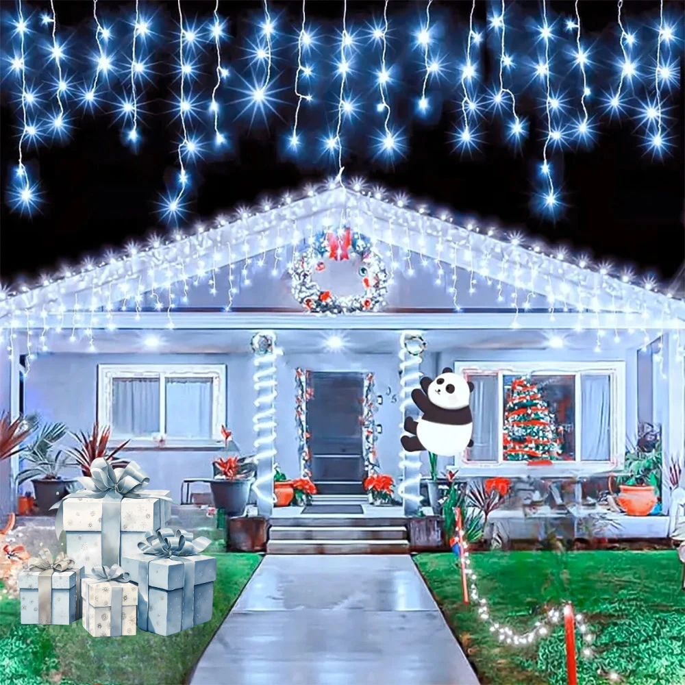Solar Curtain Icicle Lights Outdoor Eaves Decoration Lights 8 Lighting Modes Wedding Christmas Party Garden Fairy Lights String