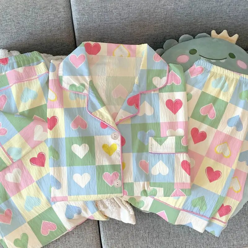 

3PCS/Set Summer Plus Size Plaid Heart Pattern Print Women Pajamas Four Seasons Shorts Sleepwear Cardigan Ladies Nightwear