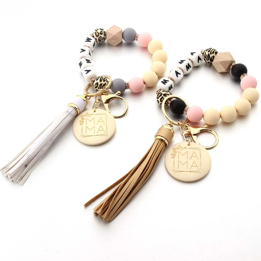 Mother\'s Day Gift Letter MAMA Wooden Tag Tassel Pendant Elastic Wood Bead Keyring Bag Accessories for women