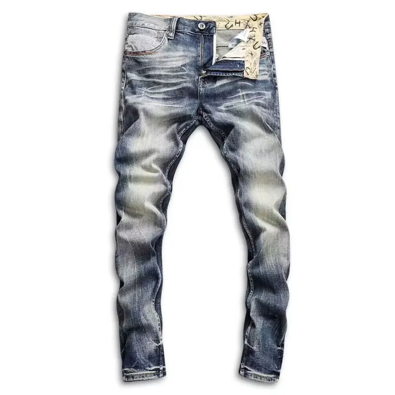 Fashion Designer Men Jeans High Quality Retro Washed Blue Stretch Slim Fit Ripped Jeans Men Printed Vintage Denim Pants Hombre