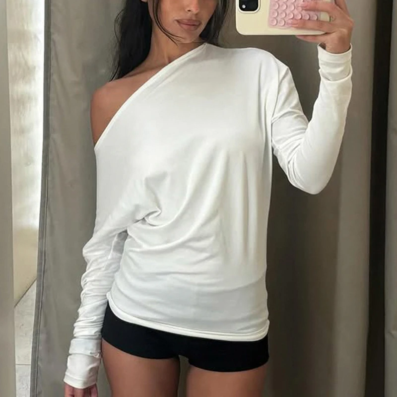 

Talenza Sloping Shoulder T Shirt Women's Sexy Long Sleeve Pleated Pullover Slim Top Female Casual Office Lady Holiday T Shirt