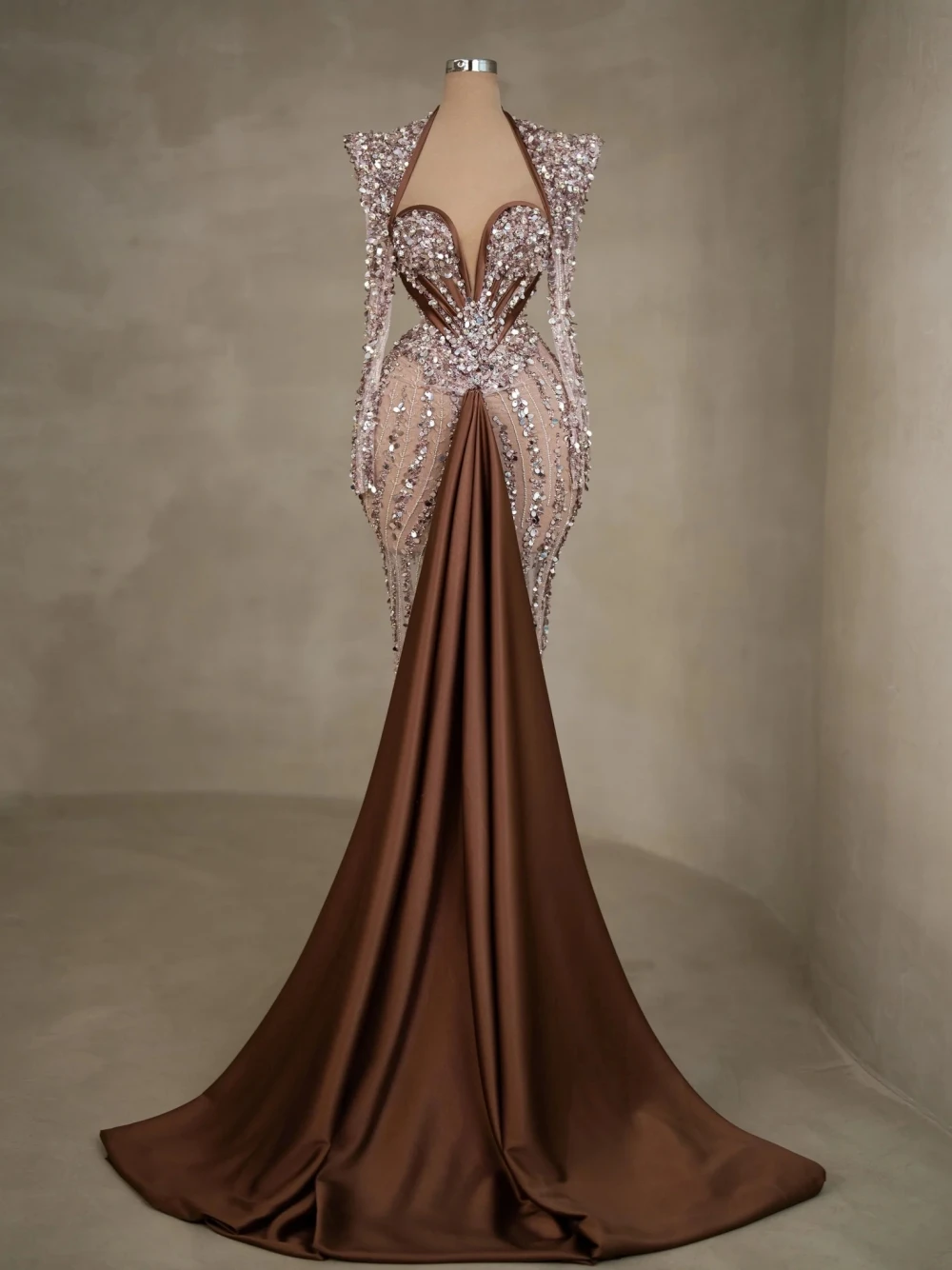 Illusion Sequins Beaded Evening Dress Brown Satin Luxurious Women Cocktail Customized Sexy Party For Formal Occasions Gown