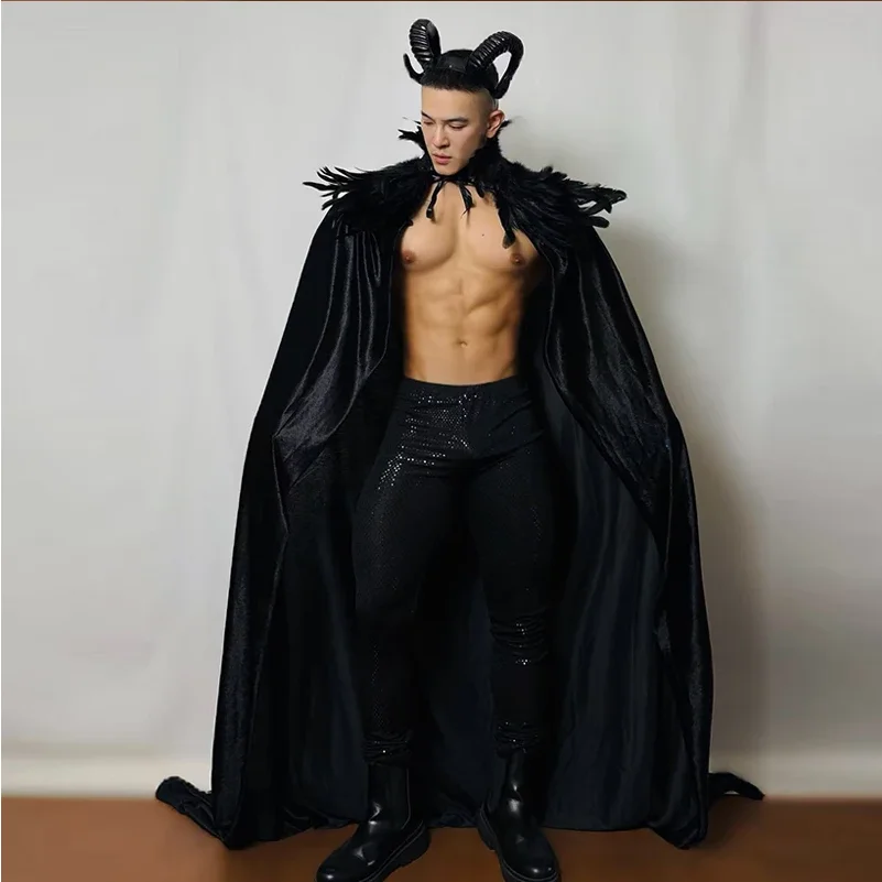 ชุดแสดงบนเวทีสำหรับผู้ชายในวันฮาโลวีน ชุดคลุมขนนก กางเกงสีดำ ชุดนักเต้นโกโก้ ชุดคอสเพลย์ ชุดแต่งกายดราเกอร์ yj572