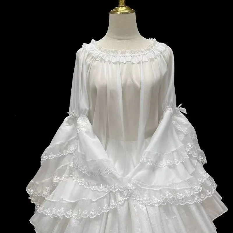 

2026 New Japanese Kawaii Lolita Blouses Women Retro Sweet Ruffles O Neck Flare Sleeve Inside Tops Summer Cute See Through Shiirt