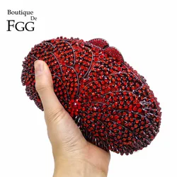 Boutique De FGG Red Ruby Flower Clutch Women Evening Bags Wedding Party Dinner Rhinestone Handbag and Purses