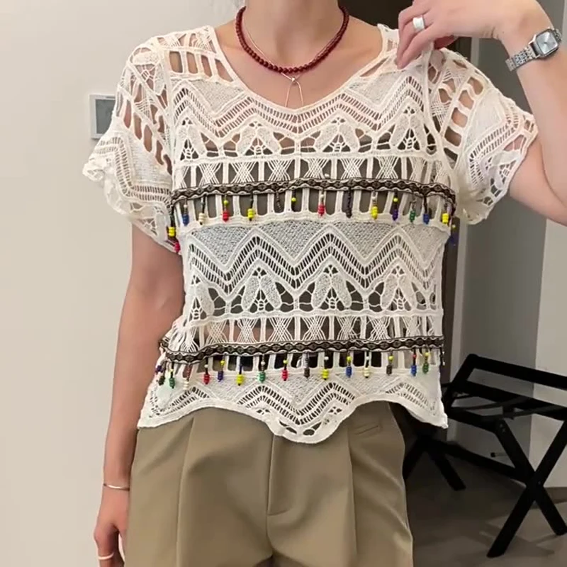 Boring Honey Summer Bohemian Fashion T-Shirt Women Hollow-Out Knitted Short Sleeves Top Women All-Match Sense Of Design T-Shirts