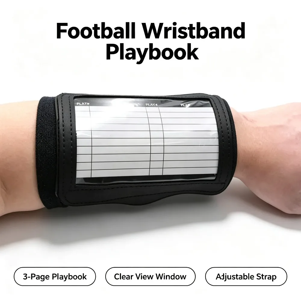 Football Wristband Playbook, Tri-Fold Wrist Coach with Clear Window, Adjustable Sports Wristband for Football Baseball