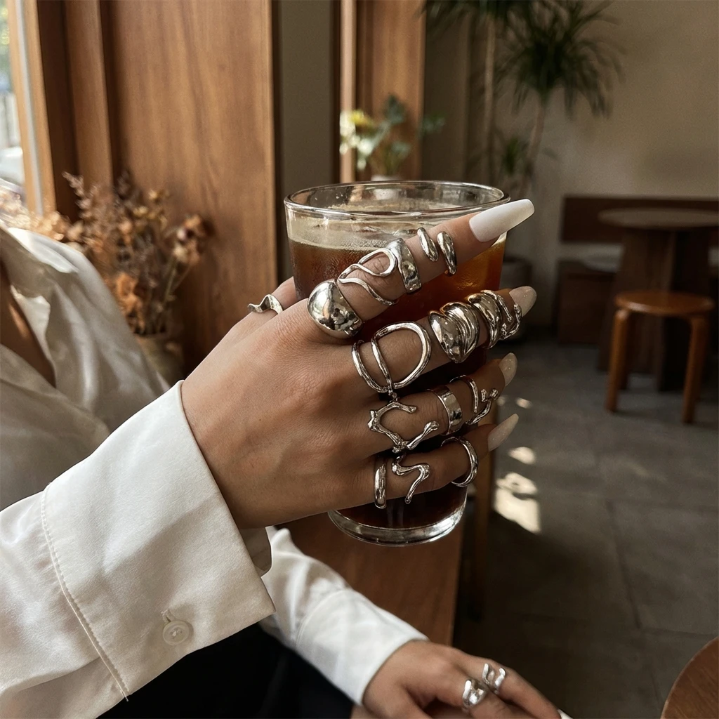 15Pcs/Set Trendy Silvery Color Chunky Rings for Women Irregular Geometric Hollow Open Ring Set Finger Joint Jewelry Party Gift