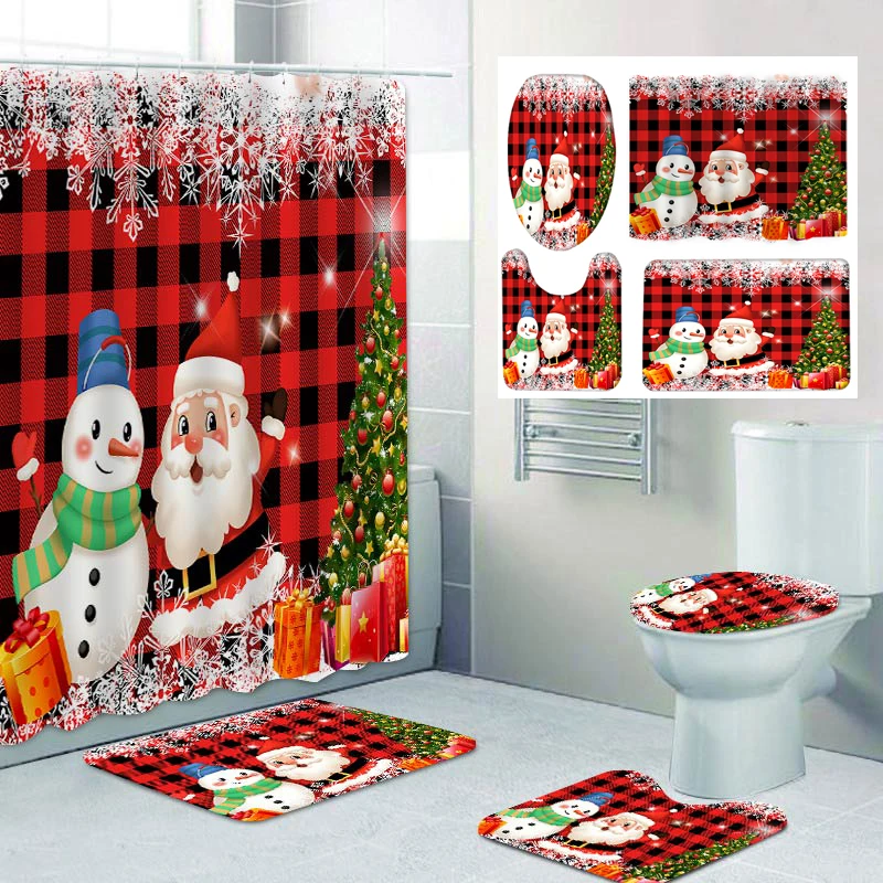 

Christmas Bathroom Shower Curtain Bath Sets Waterproof Non-Slip Bathroom Rug, Toilet U With 12 Hooks Home Deco Free Ship