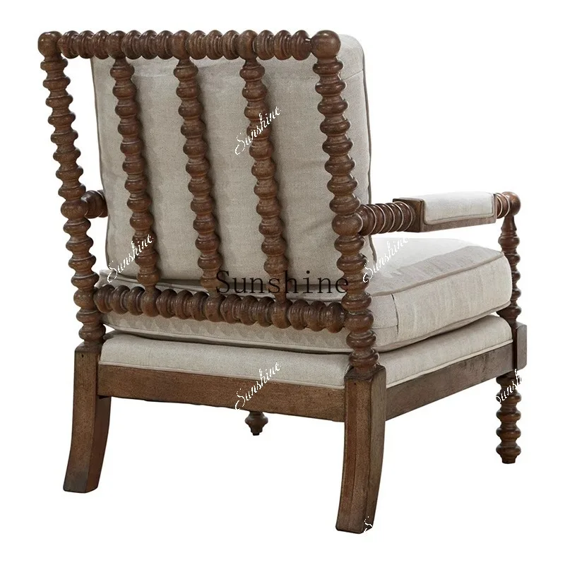 

American country single fabric retro old solid wood high back armchair FT