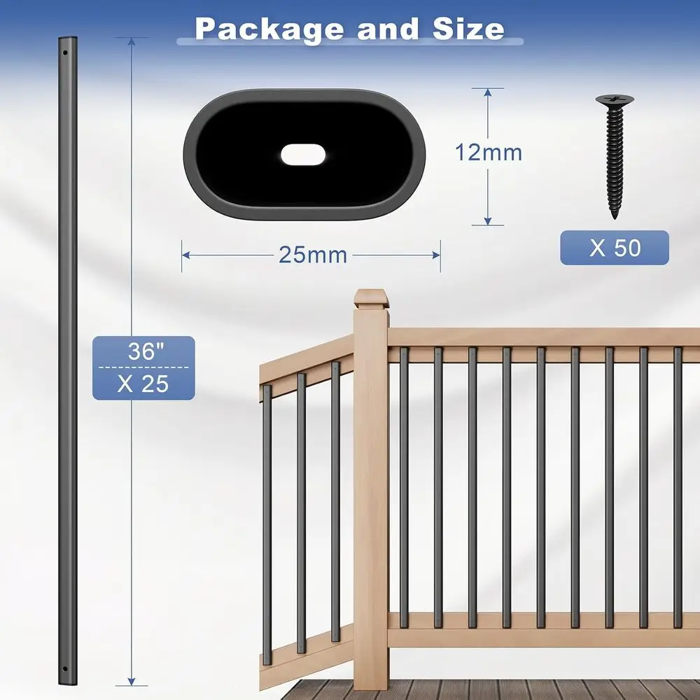 36 درابزين للسطح المعدني الأسود، مغزل مجوف للدرج ودرابزين الشرفة، مناسب للاستخدام الداخلي والخارجي (سمك 1.5 مم)