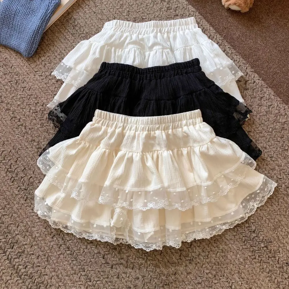 

Soft Dots Puffy Cake Skirt Women Sweet High Waist Lace Bowknot Short Skirt with Safty Pant Textured A-Line Short Skirt Women