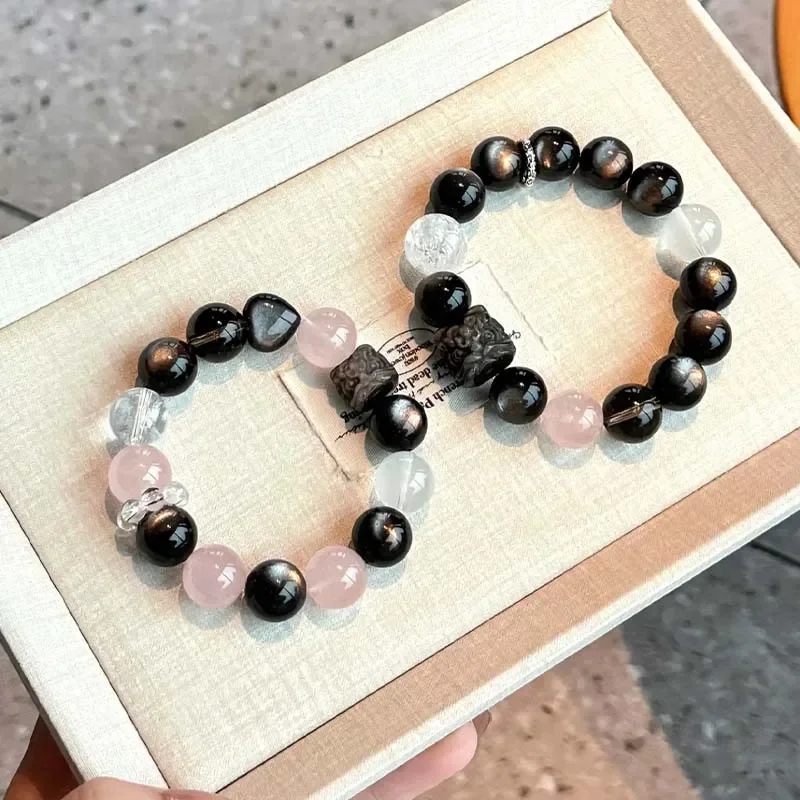 Natural silver obsidian powder crystal couple bracelet stable emotional transfer lion beading design sense white crystal
