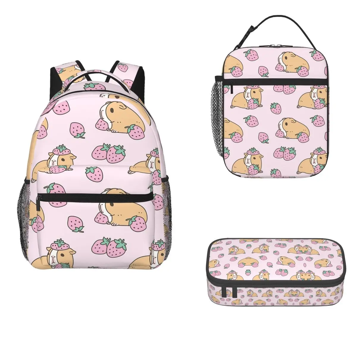 

Pink Guinea Pig And Strawberry Backpacks Girls Bookbag Children School Bags Cartoon Rucksack Lunch Bag Pen Bag Three-Piece Set