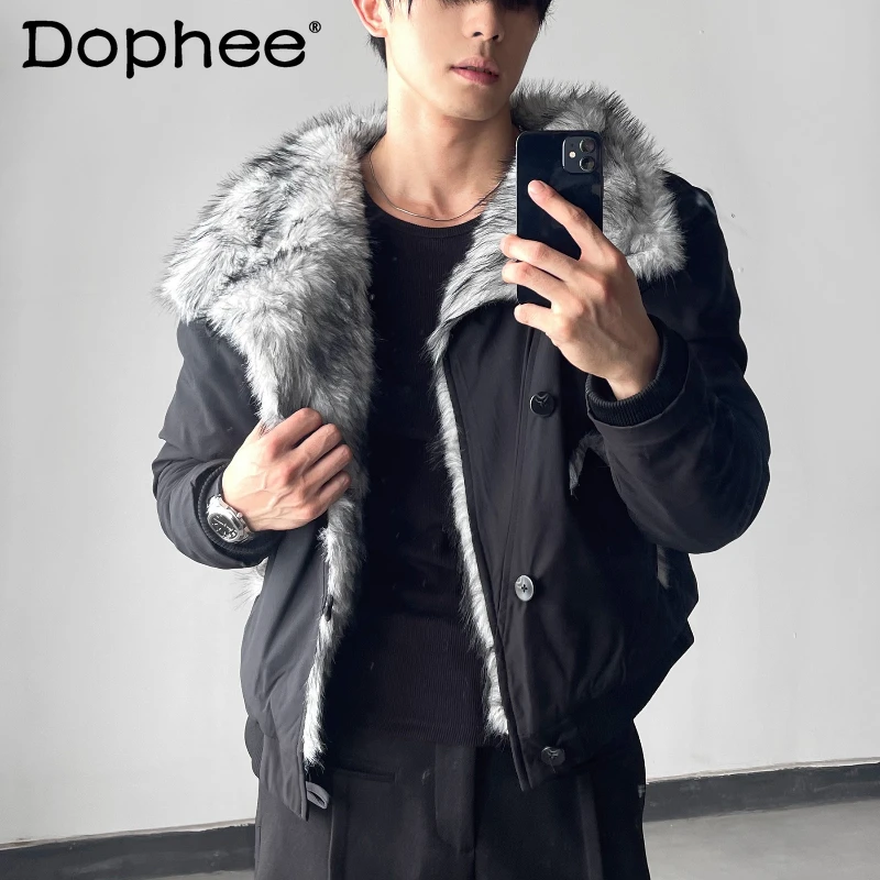 

2025 Winter New Gradient Faux Fur Collar Parkas Men Women Loose Thickened Parkas Coats Handsome Solid Color Long Sleeve Jackets