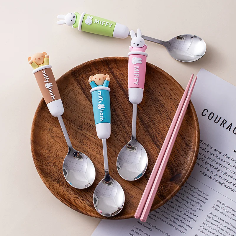 Kawaii ميفي أدوات المائدة الفولاذ المقاوم للصدأ ملعقة عيدان قطعتين مجموعة أدوات المائدة صندوق محمول للبنين والبنات هدايا عيد الميلاد
