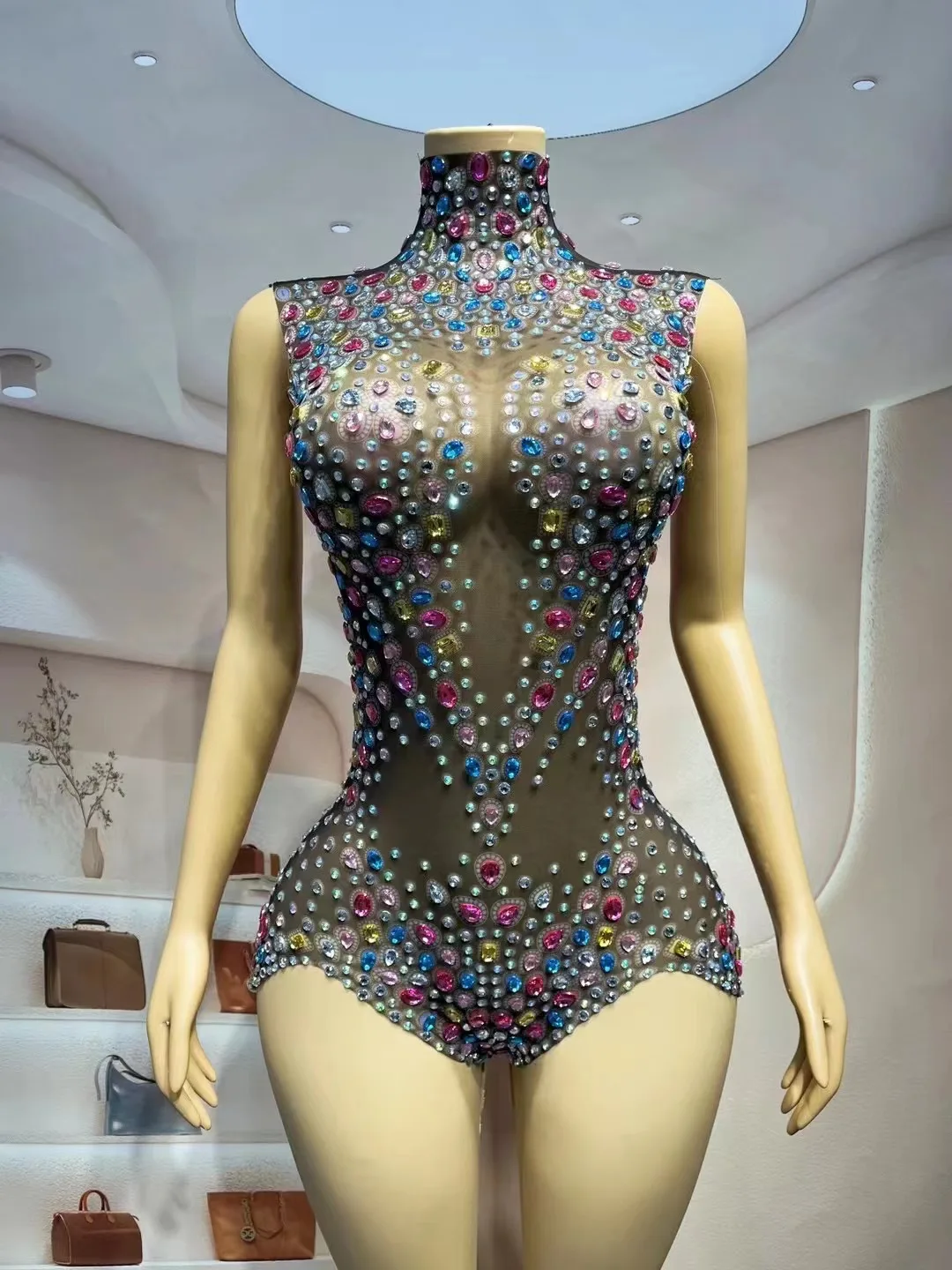 

Flashing Luxury Celebrate Bodysuit Thight See Through Color Diamonds Mesh Sexy Dancer Performance Costume Bar Club Stage Outfit