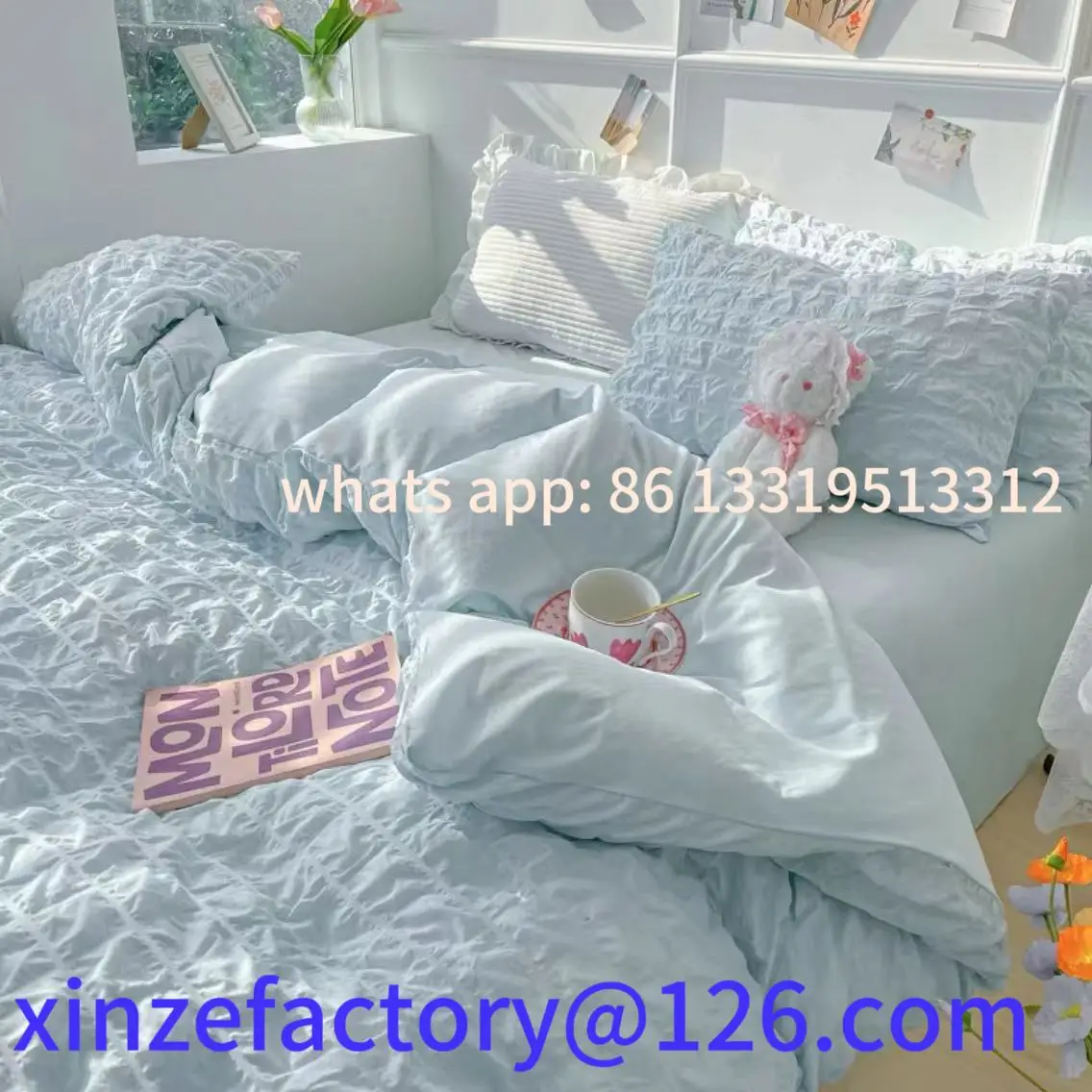 

Customizable Princess Bedding Set French Style Wash Cotton Solid Color Seersucker Summer Soft