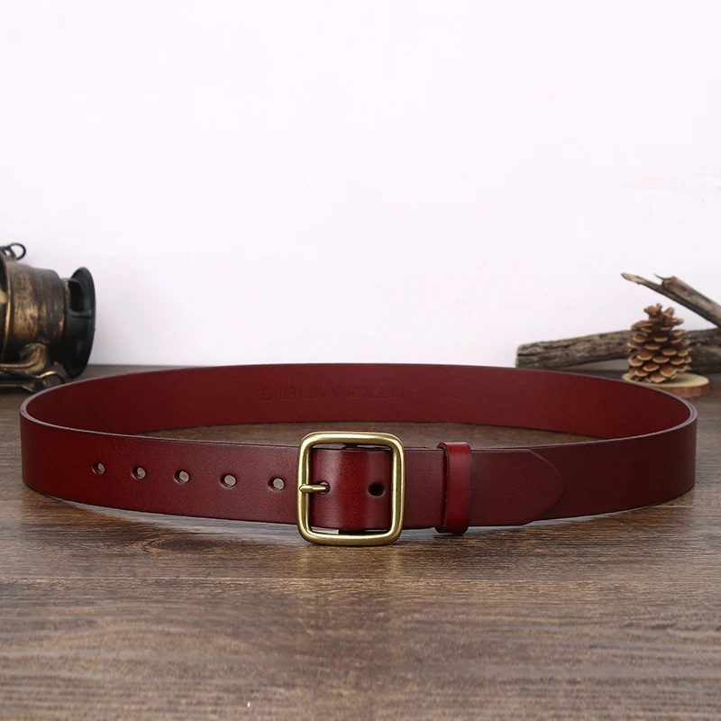 3.8cm Genuine Leather For Mens Belts  Copper Buckle Designer High Quality Men Cowboy  Natural Dress Luxury Belt Lumbar Mans Red