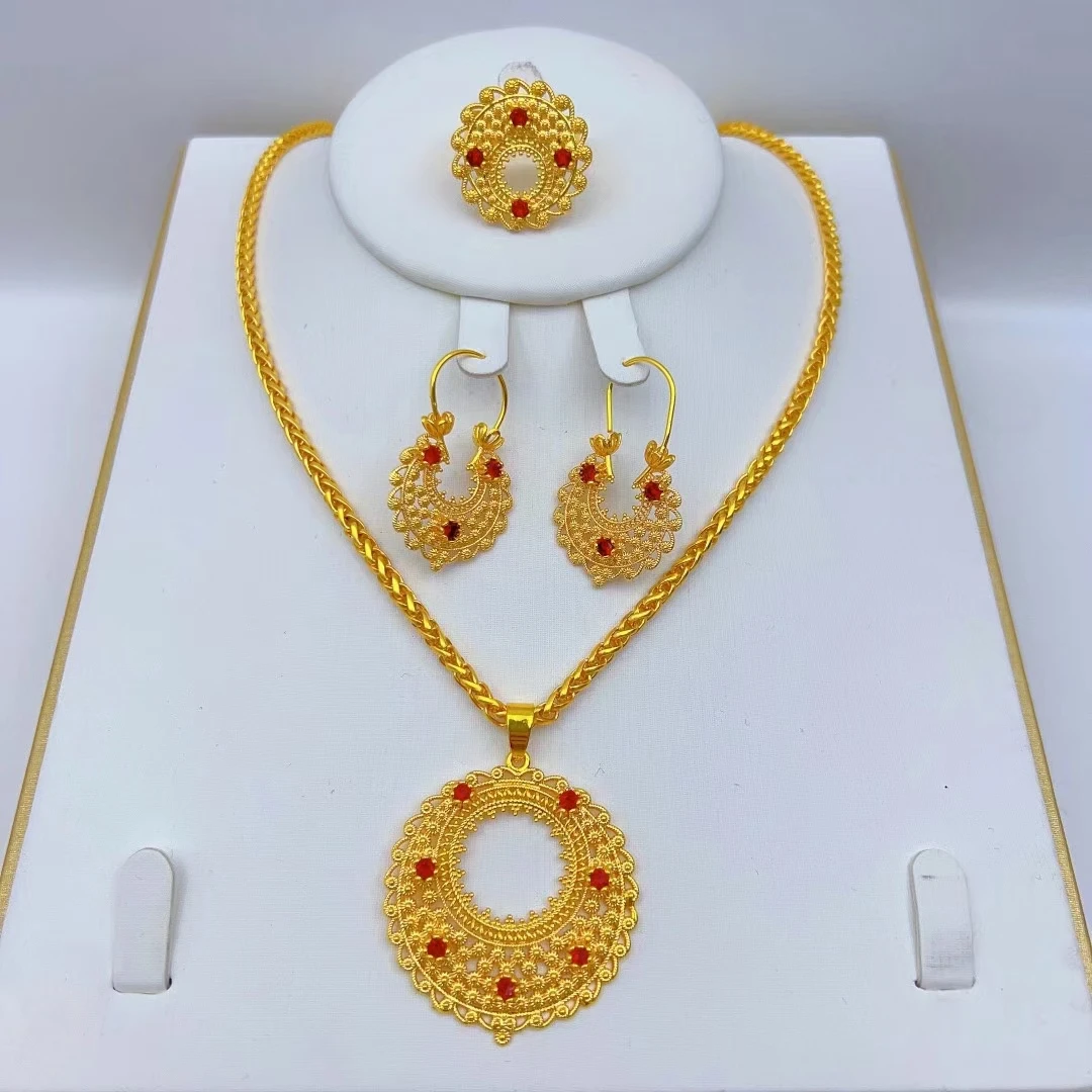 

New Dubai Jewelry 24K Gold Plated Round Hollow Necklace Ring Women's Earrings Wedding Party Three Piece Set YY10200