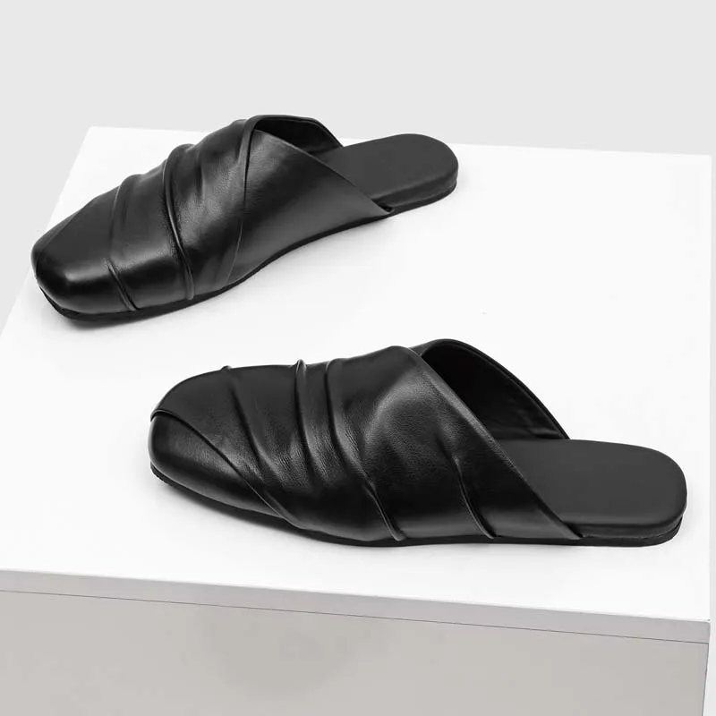Men Head-covering Slippers Black Color Brand Flat Heel Casual Shoes for Office Business Use Indoor Outdoor Slippers Size 38-46