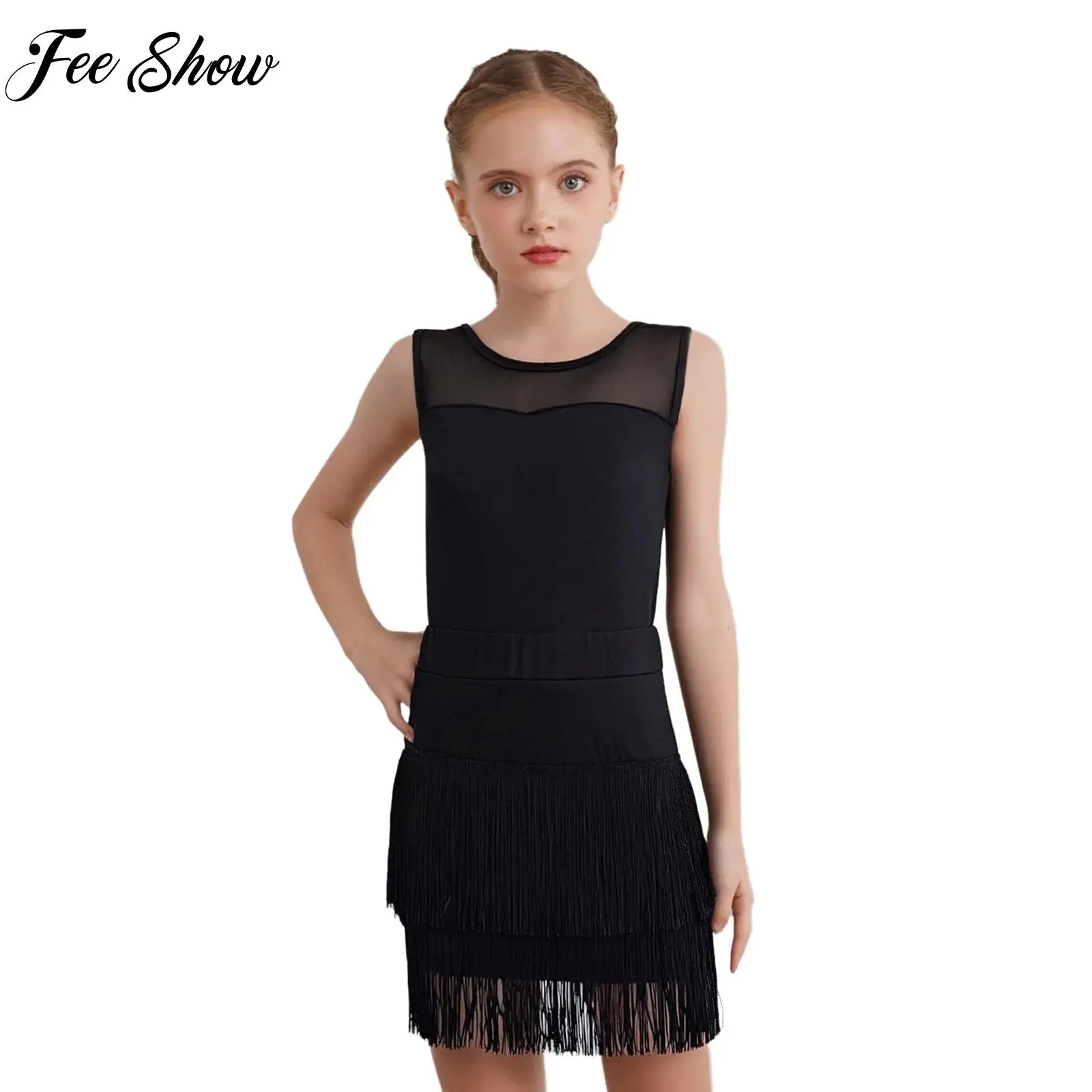 

Girls 2Pcs Latin Dance Outfit Cha-cha Samba Tango Dance Performance Costumes Sleeveless Leotard+Tassel Skirt Set for Stage Show