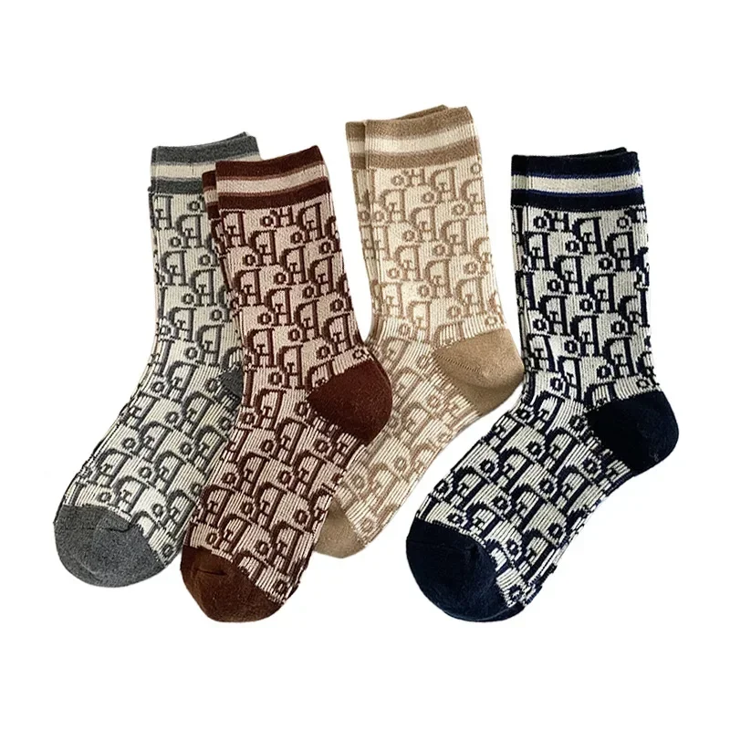 1 Pair Autumn Winter Wool Warm Socks Women French Style Letters Pattern Solid Color Middle Tube Socks Breathable Wholesale 2024