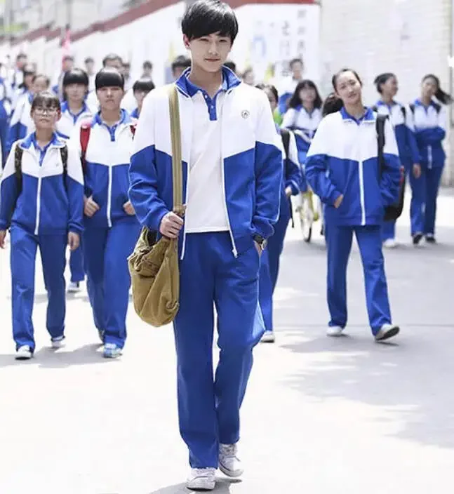 Chinese Middle School Student Uniform Boy Spring Suit White Blue Vintage Include Jacket and Pants