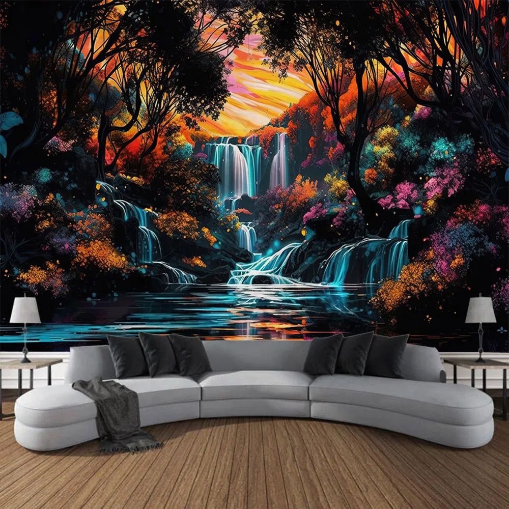 VIKAMA Enchanted Forest Tapestry Fantasy Waterfall Mural Wind Living Room Study Children's Room Bedroom Decoration