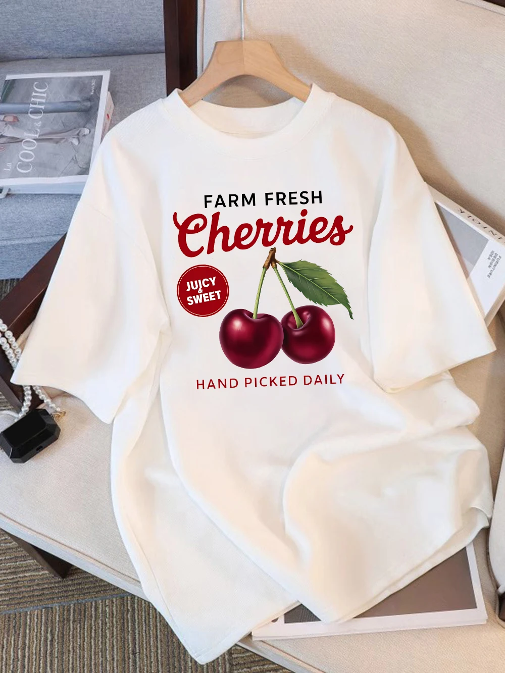 

Summer T-Shirts Women Cotton Farm Fresh Cherries Printed Tops O-Neck Comfortable Loose Short Sleeve Tees Basic Woman Clothes