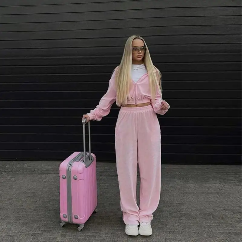 Casual Street Sle Women's Long Sve Hooded Open Cardigan Loose Pants Two-Piece Set Faionable Zipper Pure Color Low Waist