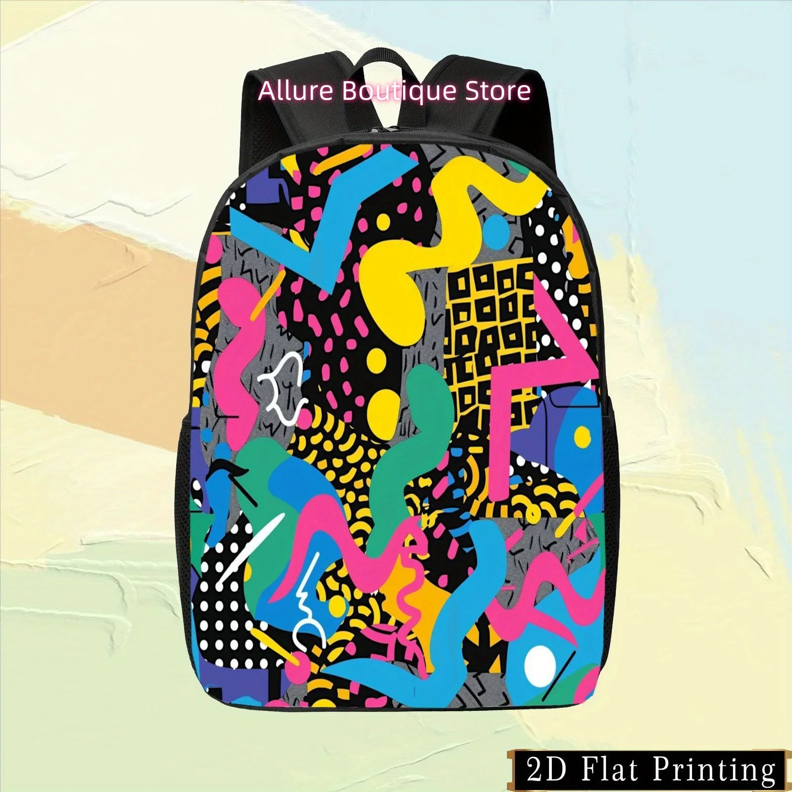 1pc Colorful Single-Sided Printed Student Backpack, Vibrant Geometric Pattern Print,  Hand-Wash Design, Zipper Closure, Shoulder