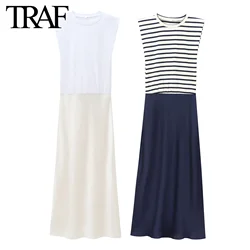 TRAF Women Fashion Summer New Splice Stripes Round Neck Pullover Sleeveless Long Dress French Chic Female Evening Clothing