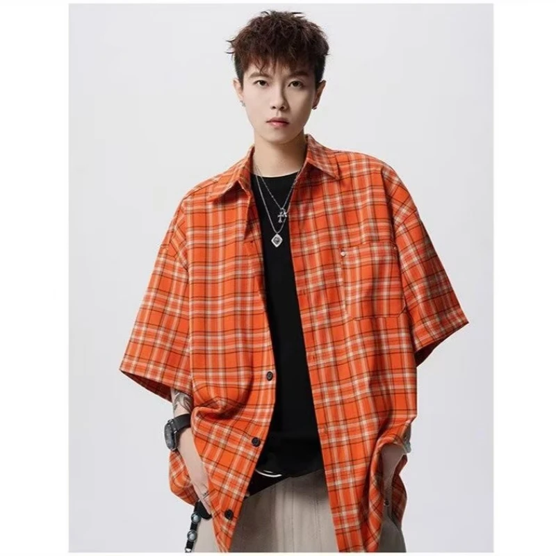 

Мужская рубашка в ленивом японском стиле, новый стиль Instagram, модная простая повседневная американская оранжевая клетчатая рубашка в стиле ретро, мужская рубашка с короткими рукавами