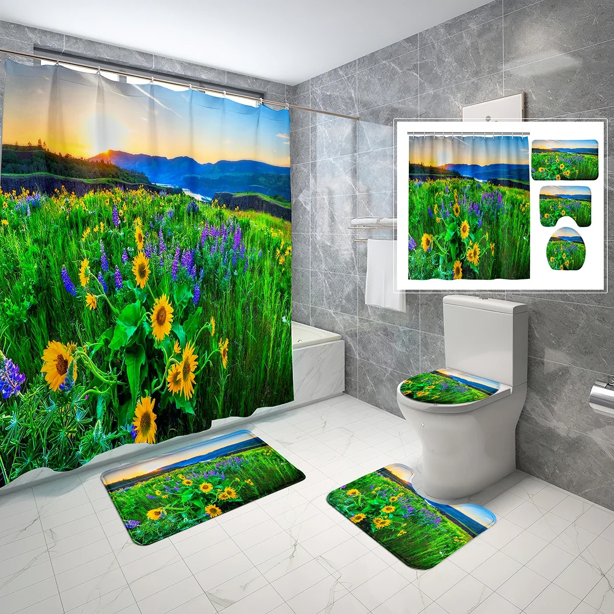 4 PCS Morning Light Shower Curtain Sets,Sunlight Flowers Bathroom Waterproof Bath Curtain,Non-Slip Bath Mat Toilet Cover Set