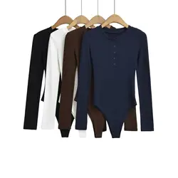 Solid Color Bodysuit Women's Knit Long Sleeve Top Soft Stretchy Slim Fit Shirt