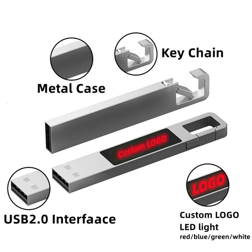 Imagen 2 del producto Unidad flash USB2.0 de metal con luz LED de color con logotipo personalizado gratis, 4GB, 8GB, 16GB, 32GB, 64GB, 128GB, 256GB