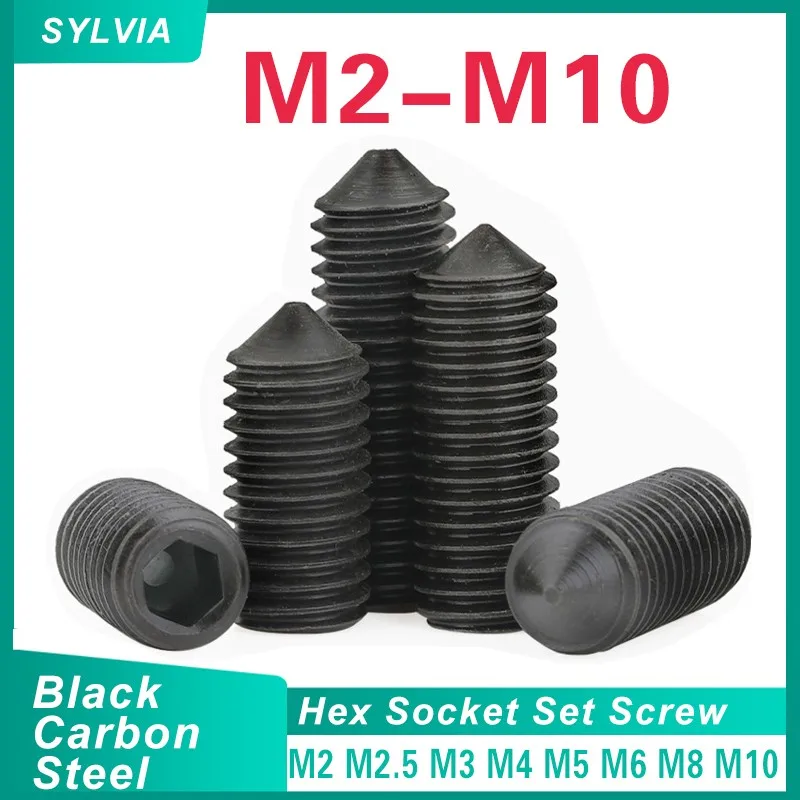 Grade 12.9 Black Carbon Steel Hex Hexagon Allen Head Socket Screw Cone Point Grub Set Screws Bolts M2 M2.5 M3 M4 M5 M6 M8 M10