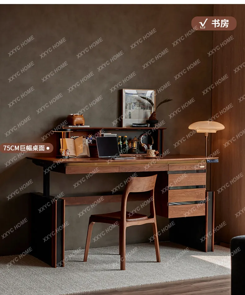 Solid wood electric lifting table Household black walnut workbench Computer table Intelligent lifting learning desk