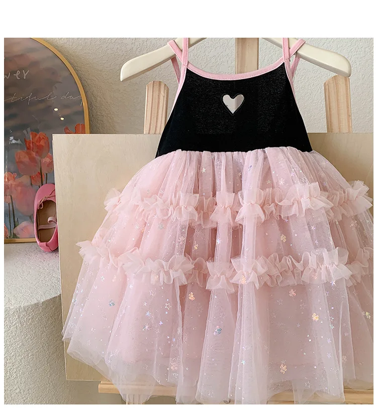 Girls Casual Dresses Love Hollow Halter Patchwork Gauze Skirt Party Dress for Kids Girl 2 To 6 Years Princess Dress for Girls