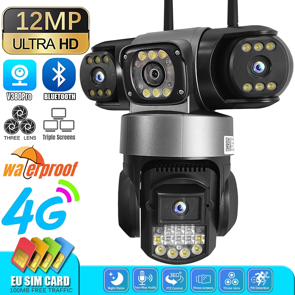 

12MP Three Lens Three Screen 4G Camera Auto Tracking PTZ Outdoor Security Surveillance Wireless CCTV Monitor Waterproof V380 PRO