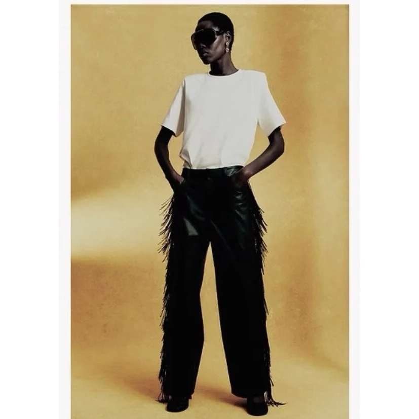Fashionable Tassel Detail Straight Leg Pants Women's Casual High Waist Zipper Polyester Fiber mid Rise Long Trousers