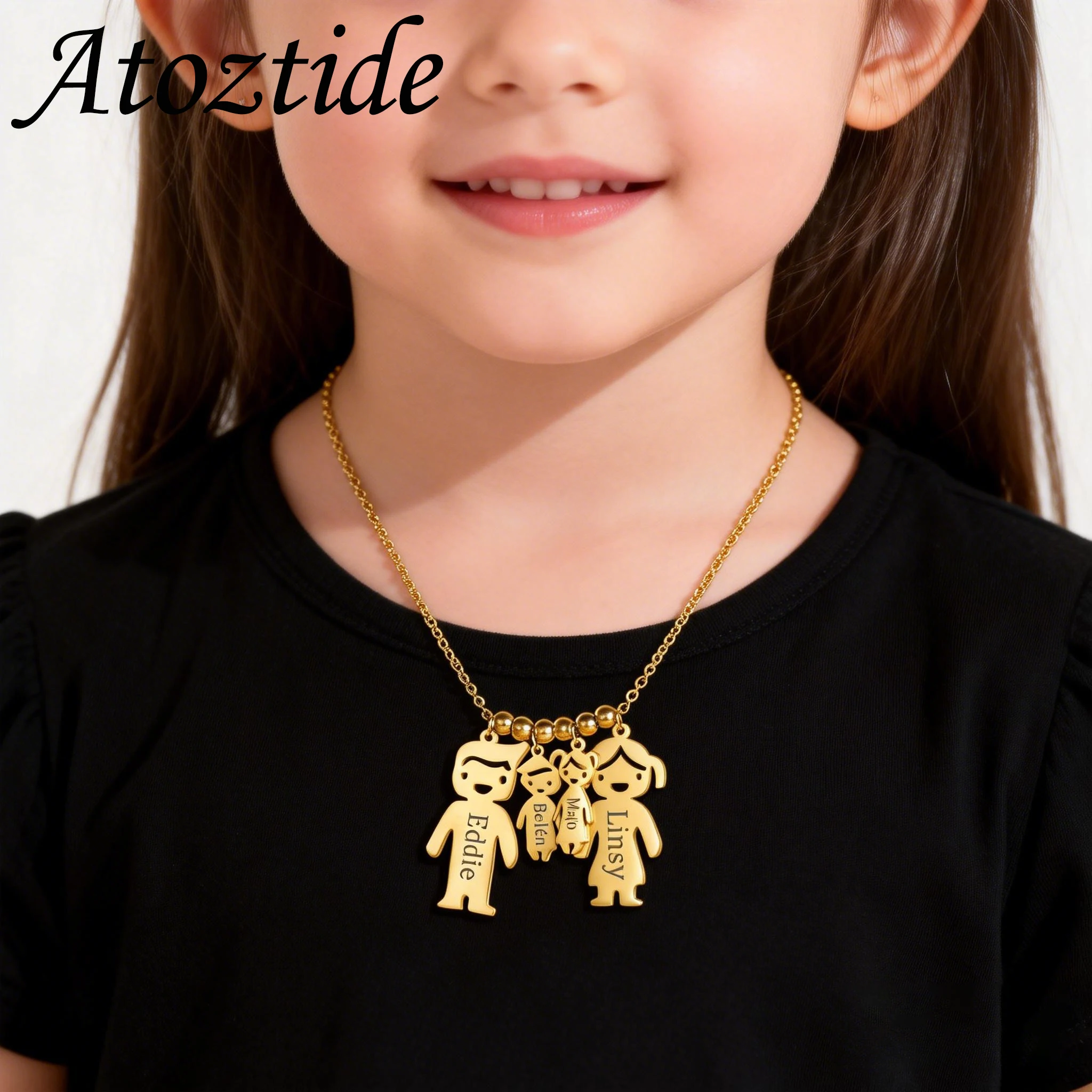 Atoztide Engrave Name Necklace for Women Family Stainless Steel Jewelry Cute Mother Kids Beads Chain Pendant Personalized Gift