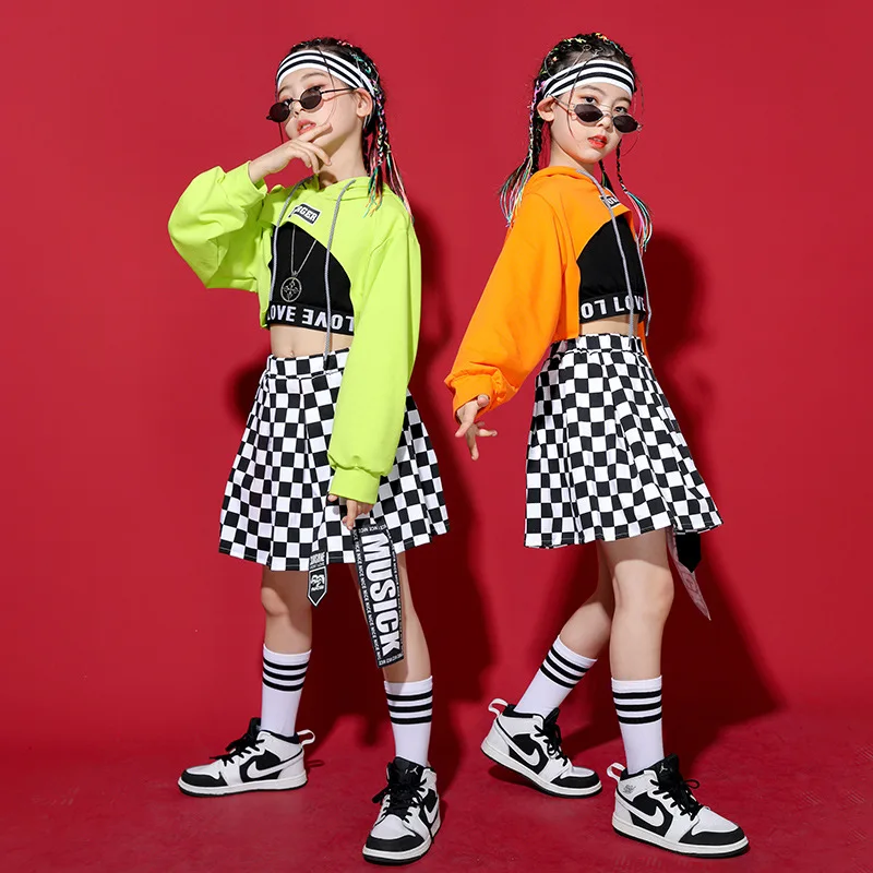 Checkered Skirt for Girl Dance Costume Clothes Kid Hip Hop Clothing Hoodie Sweatshirt Crop Top Long Sleeve T Shirt Streetwear