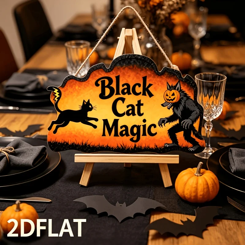 Black Cat Magic Werewolf Pumpkin Halloween Wooden Sign 2D Flat Print Front Door Hanging Plaque Spooky Farmhouse Wall Decor Gift