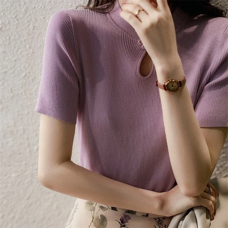 Boring Honey Summer Fashion Chinoiserie Coil Buckle Design All Match Thin Tops Women Solid Knitting Short Sleeves T-Shirt Women