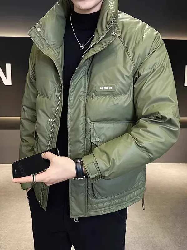 Jaet de plumón de cuero para hombre Invierno Thiened ort Sle Abrigo con cuello levantado Youth Faion Nuevo 2025 Ci Casual Blanco Du...