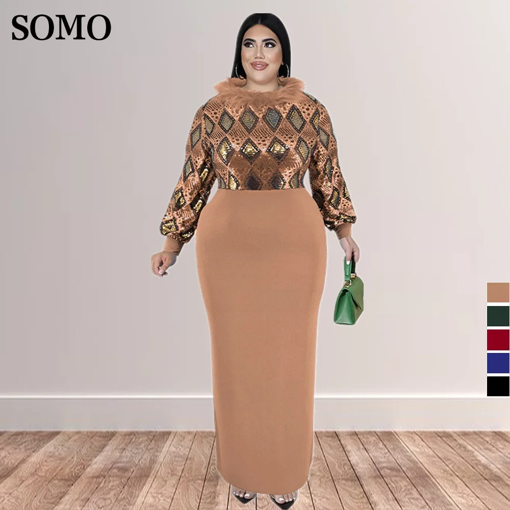 Vestidos de noite elegantes para mulheres, gola de pele, manga longa, plus size, patchwork, vestido maxi, luxo, outono, atacado, Dropshipping