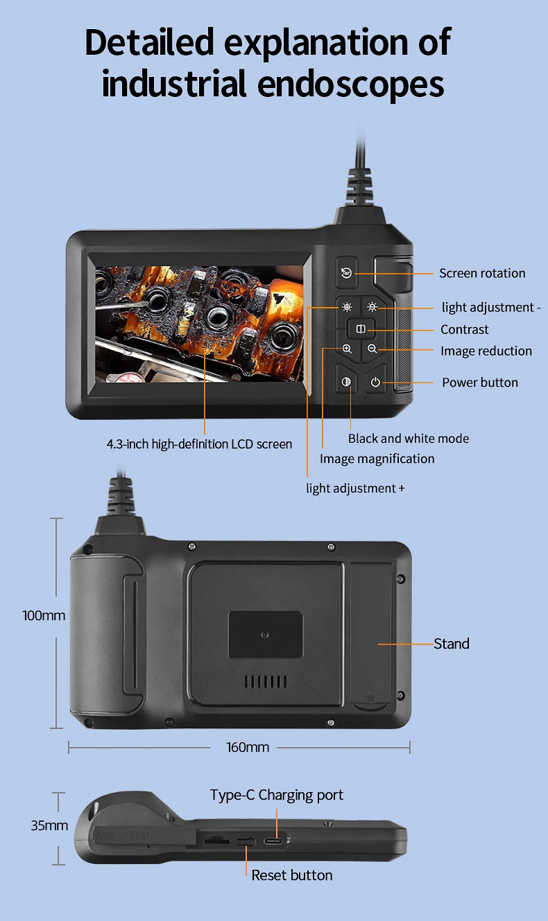 Dual Lens Industrial Endoscope Camera 4.3'' IPS Screen HD1080P Rigid Cable Pipe Sewer Inspection Borescope IP67 Waterproof