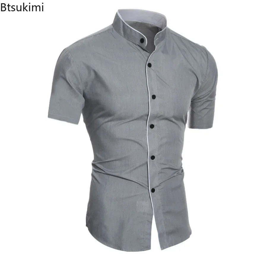 2024 männer Sommer Casual Shirts Stehkragen Solide Kurzarm Hemd Männlichen Mode Kleid Shirts Formale Business Bluse Tees männer